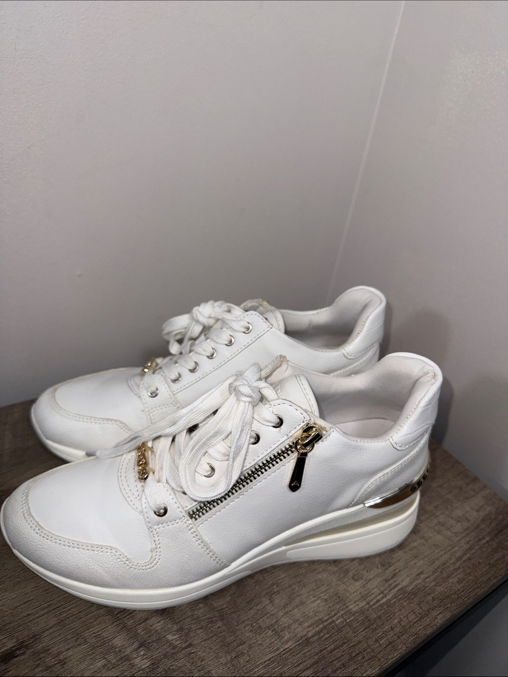 Aldo White Platform Sneakers with Gold Hardware